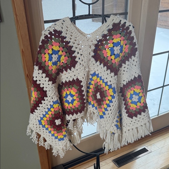 Upcycled Handmade Colorful Crochet Poncho with Fringe Sz OS - Picture 3 of 5